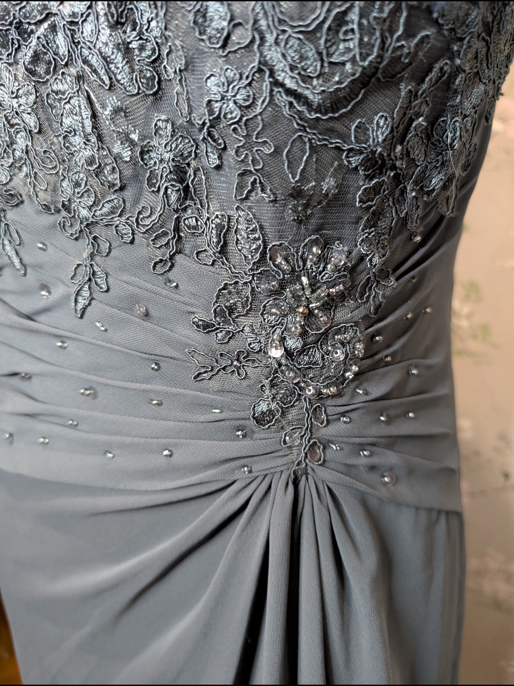 Azazie Elegant Slate Gray Lace Bodice Evening Dress PTP: 18, L: 49-60 - Picture 4 of 14
